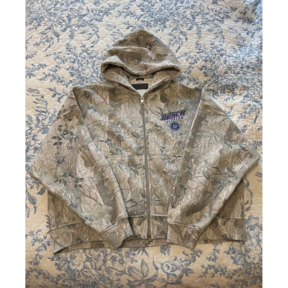 Abercrombie Busch Light Camo Cropped Full Zip Hoodie Mens Large Gray Tree Print